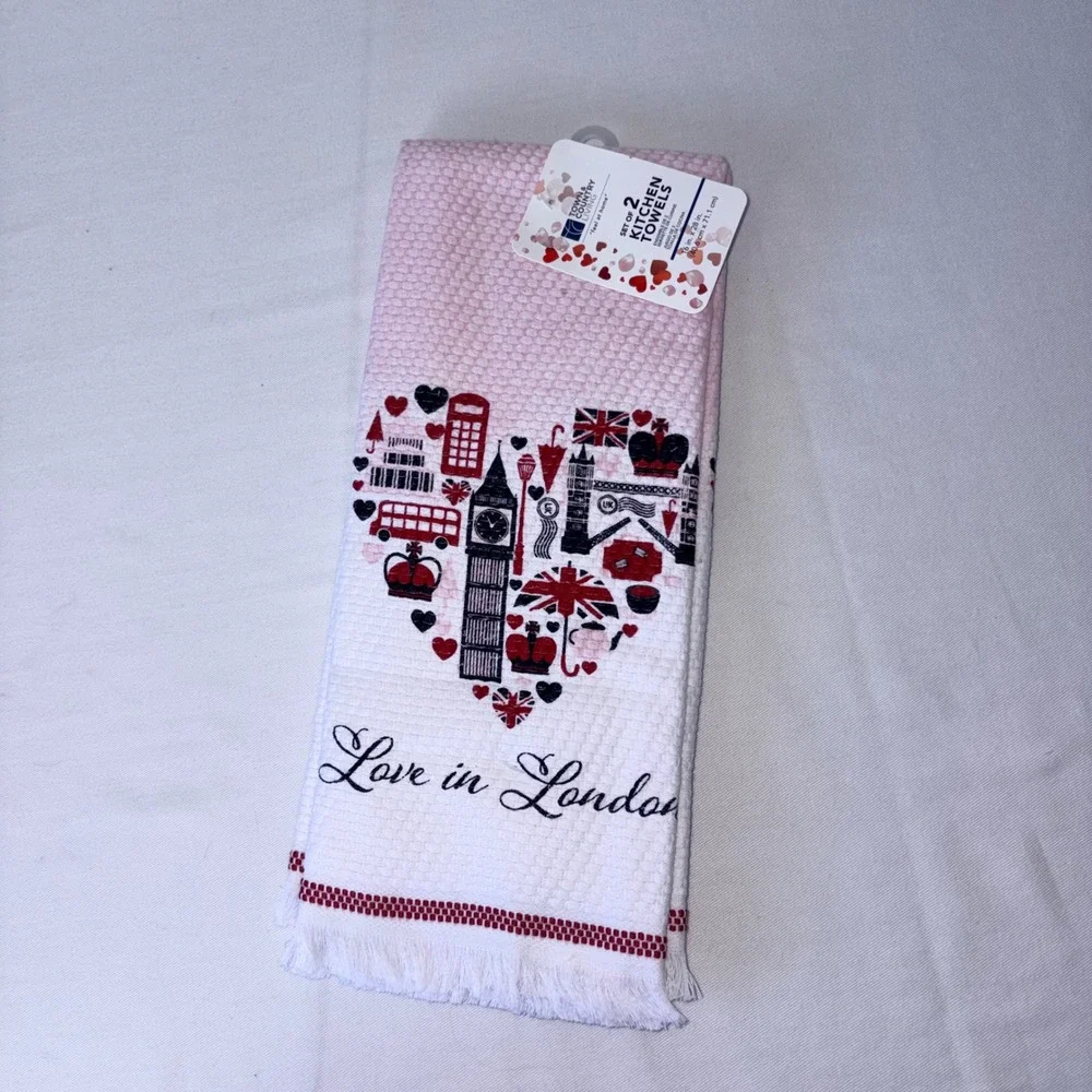 Town & Country Living Love‎ in London Kitchen Towels Set of 2 Pink Waffle Weave